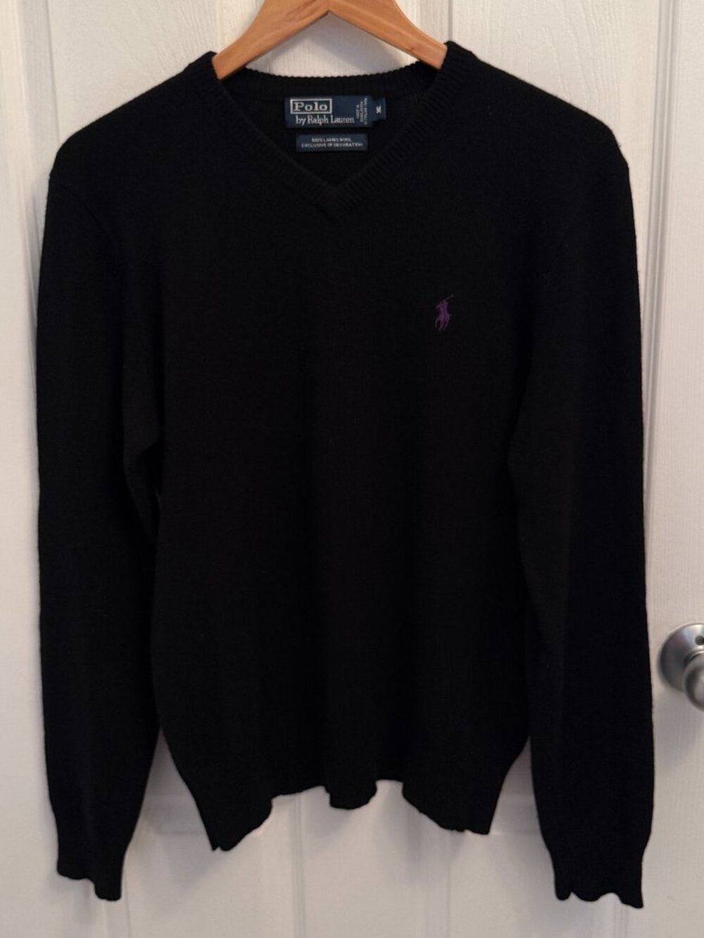 Vintage Polo Ralph Lauren V-Neck Wool Sweater Black Purple Pony Size Medium